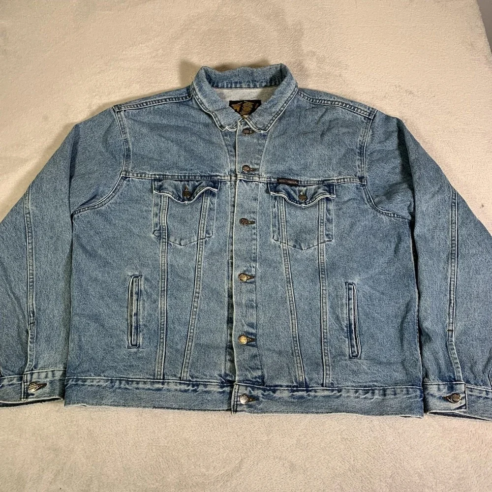 Vintage Harley Davidson Jacket Mens 2XL Blue Denim Eagle Racing Patch Motorcycle